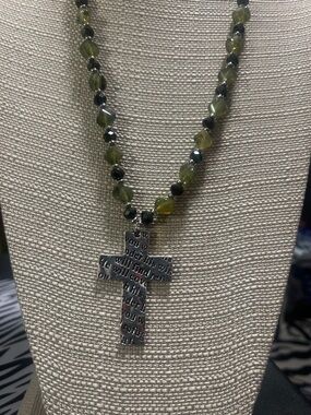 Green Bead Cross Necklace - NWOT